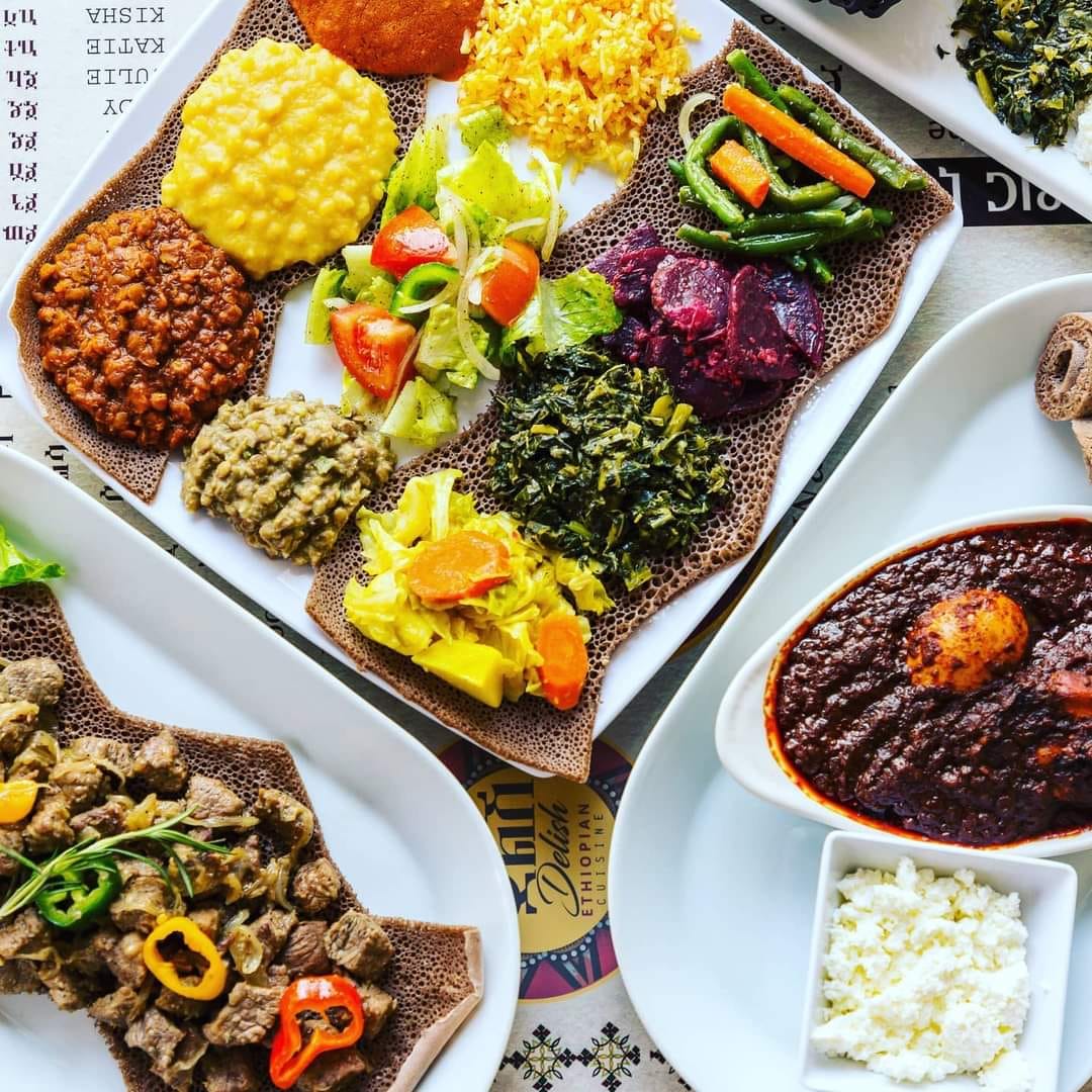 Traditional Ethiopian food platter from Delish Ethiopian