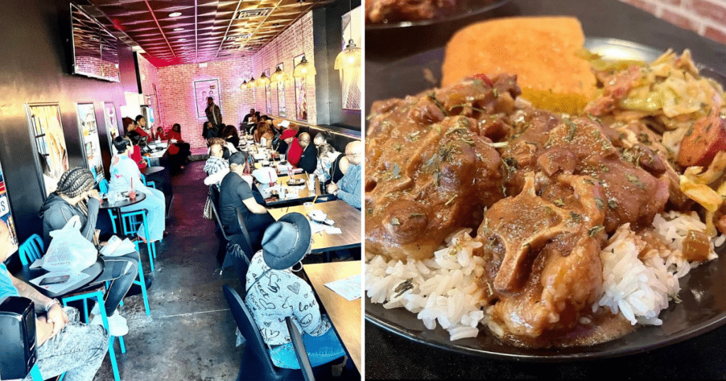 On the left is a scene of the brunch crowd at The Foodie Barr; on the right is a plate of oxtails, rice, and cornbread. The Foodie Barr is one of the best new restaurants in Houston in 2022 and one of the best new Black-owned restaurants in Houston.