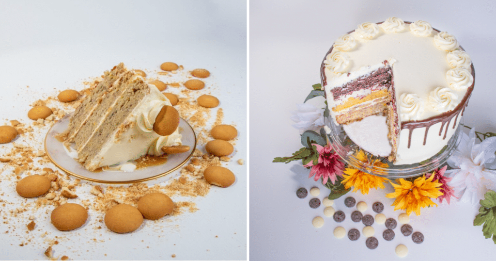 Two colorful and delicious desserts by Lucy Pearl's in Houston. Left: banana pudding cake with vanilla wafers encircling a slice of frosted cake. Right: A colorful cake with a slice missing and fruit all around. Lucy Pearl's is one of the best new restaurants in Houston. This is also a black owned restaurant in Houston.
