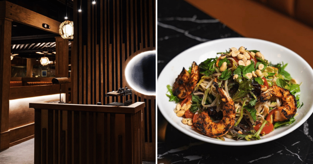 A side by side image of the dining room and a dish from The Warwick. This is one of the best new restaurants in Houston and a new Black-owned restaurant in 2022.