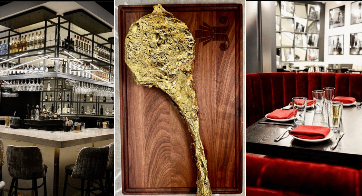 A composite photo of the opulent ambiance and decadent food at Juliet Restaurant, including a gold-wrapped ribeye steak. This is one of the best new restaurants in Houston and a Black-owned vibe dining restaurant.